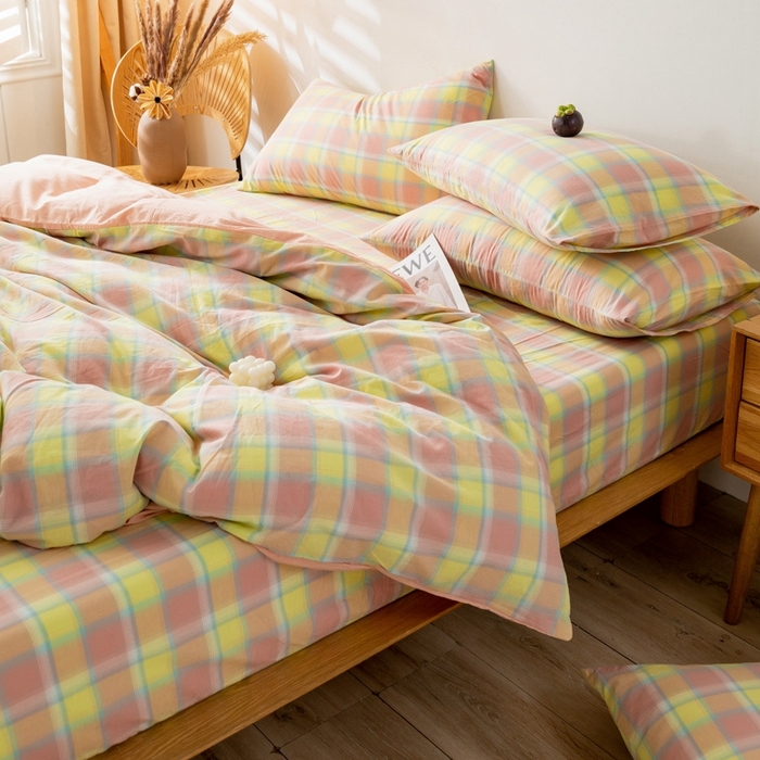 91家纺网 家纺一手货源 找家纺 2025新款A类色织水洗棉单被套 弗暖粉黄