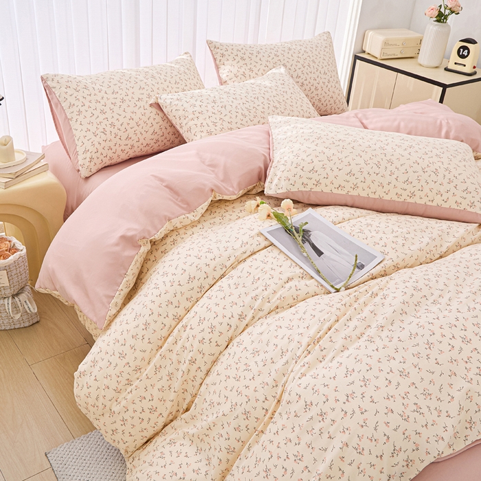 91家纺网 家纺一手货源 找家纺 蕾诺家纺 2025新款直播新款A类有氧提花云纱棉圆角吊边工艺四件套学生三件套 简爱粉