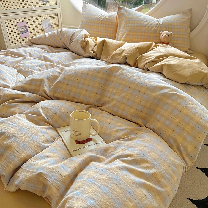 91家纺网 家纺一手货源 找家纺 田野 2025新款全棉水洗棉提花点点系列四件套 点点-兰咖