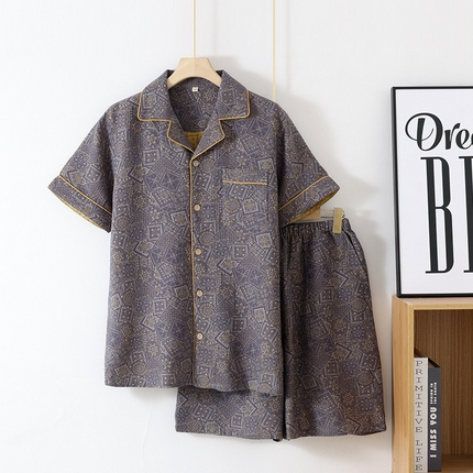 洛兰沙家居馆【只代发】【只代发】2025新款男款休闲色织纯棉双层纱布睡衣夏季薄款长袖短袖宽松家居服外穿 短袖C002