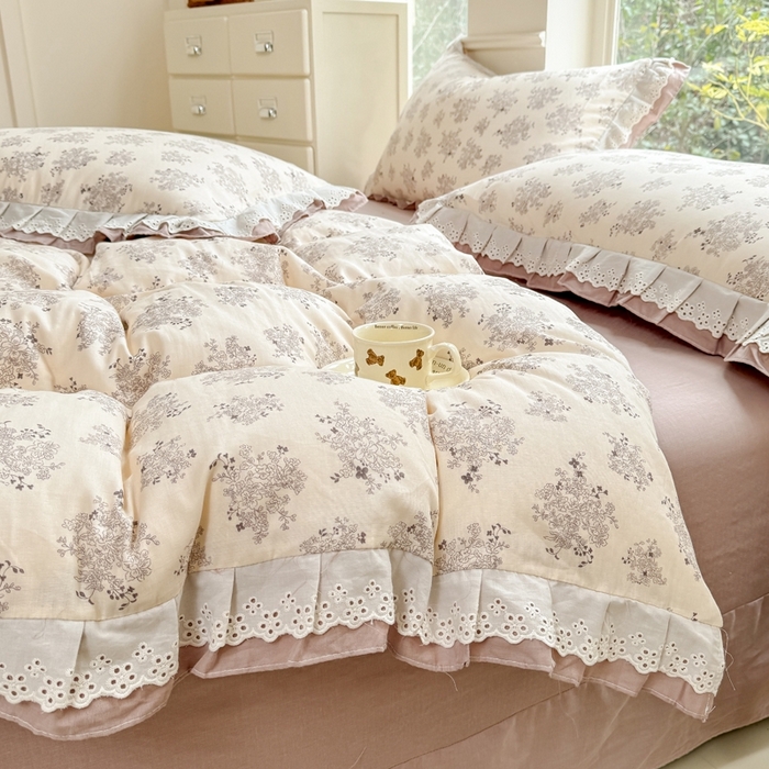 91家纺网 家纺一手货源 找家纺 晨晨家纺2025新款全棉双层花边双层纱四件套 雪莉-咖