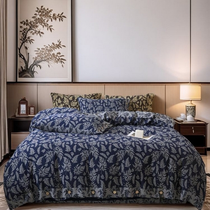 2025新款全棉色织双层纱纽扣款四件套 扶苏-深兰