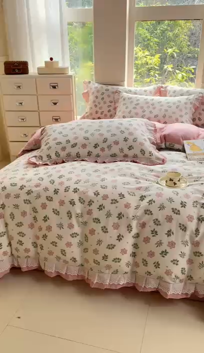 91家纺网 家纺一手货源 找家纺 晨晨家纺2025新款全棉双层花边双层纱四件套 絮语