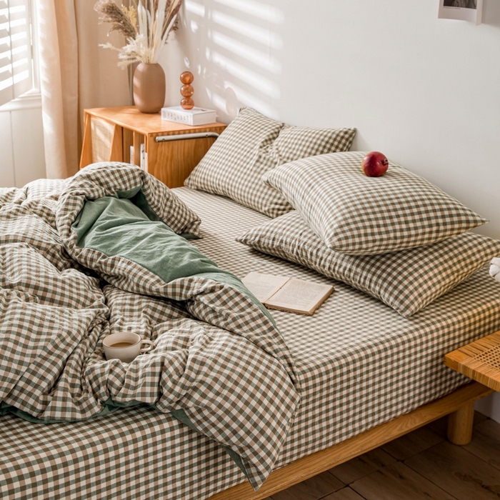 91家纺网 家纺一手货源 找家纺 2025新款A类色织水洗棉单被套 绿小格