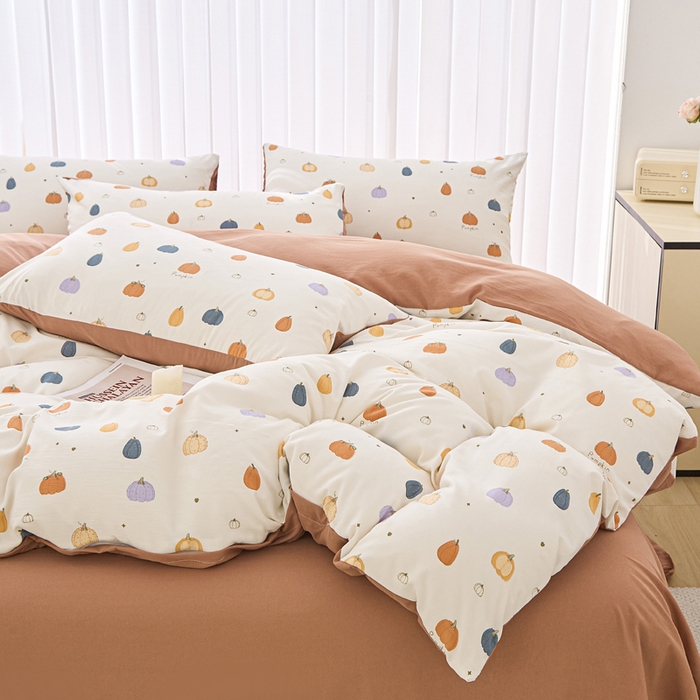 91家纺网 家纺一手货源 找家纺 蕾诺家纺 2025新款直播新款A类有氧提花云纱棉圆角吊边工艺四件套学生三件套 小南瓜