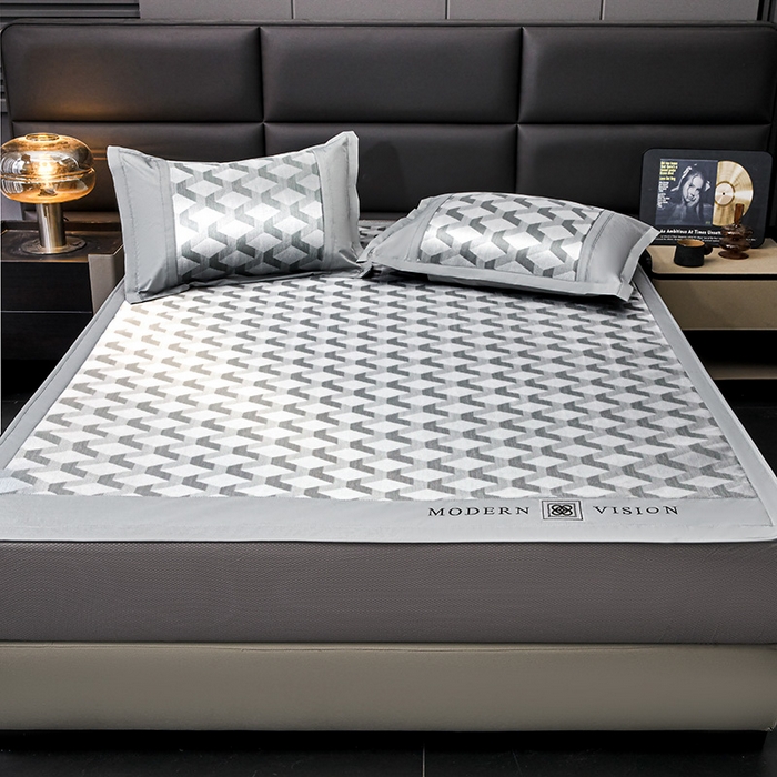 91家纺网 家纺一手货源 找家纺 全季家居 2025新款5A抗菌3D立体冰柔凉感冰丝席 菱形-银灰 床笠款