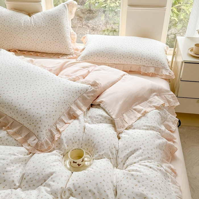 91家纺网 家纺一手货源 找家纺 晨晨家纺2025新款全棉双层花边双层纱四件套 花蕊-黄