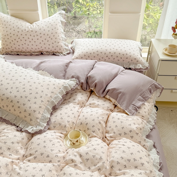 91家纺网 家纺一手货源 找家纺 晨晨家纺2025新款全棉双层花边双层纱四件套 法式少女-咖