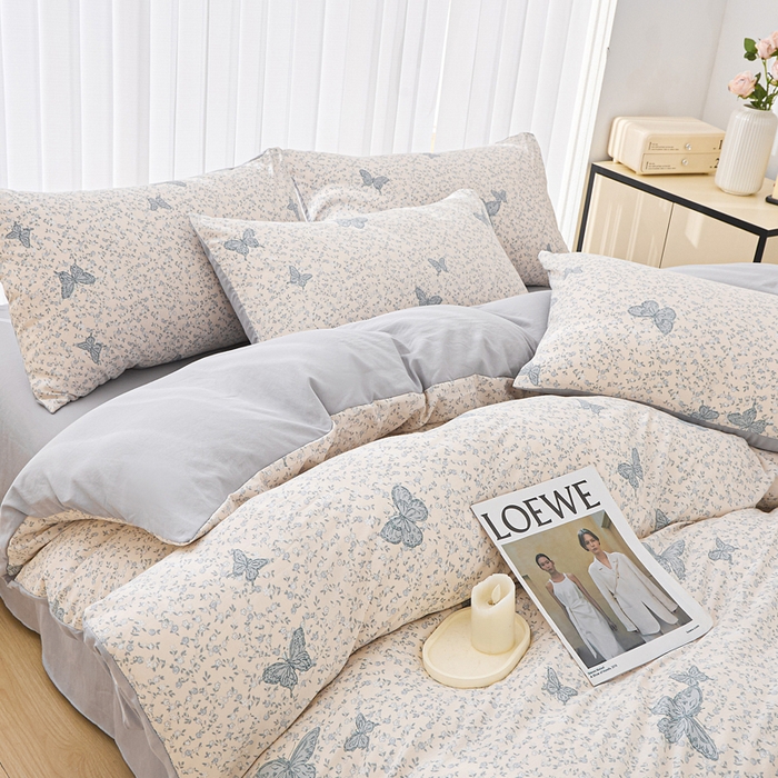 91家纺网 家纺一手货源 找家纺 蕾诺家纺 2025新款直播新款A类有氧提花云纱棉圆角吊边工艺四件套学生三件套 翩翩起舞