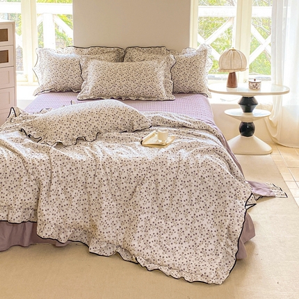 仟网汇 2025新款赫本针织双层纱夏被夏凉被空调被床盖四件套单夏被单床盖单品 小紫花