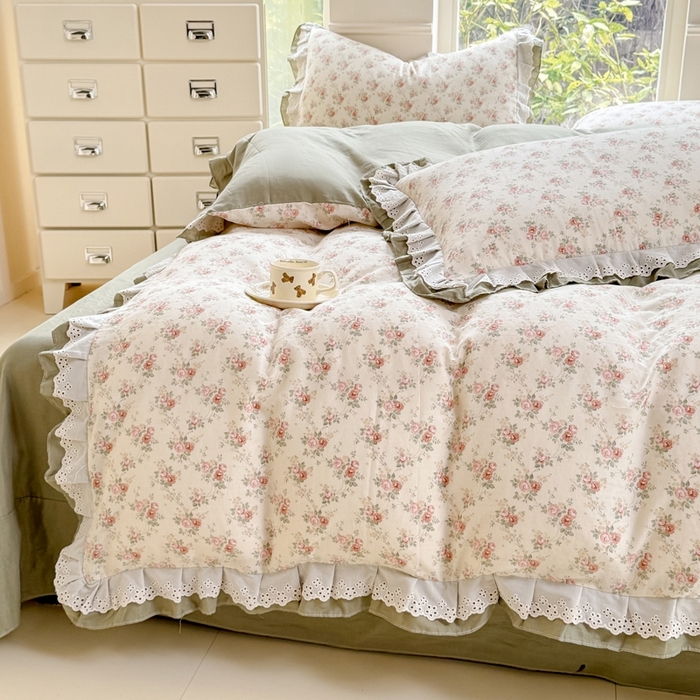 91家纺网 家纺一手货源 找家纺 晨晨家纺2025新款全棉双层花边双层纱四件套 香缇