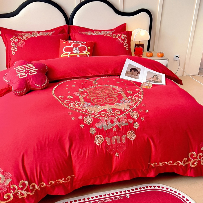 91家纺网 家纺一手货源 找家纺 2025新款100支150克双面长绒棉婚庆绣花四件套 喜韵佳缘