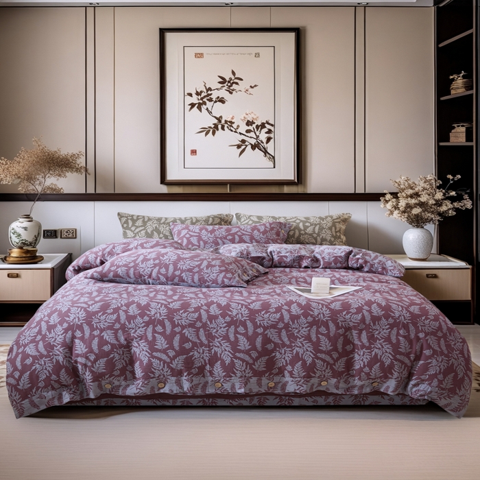 91家纺网 家纺一手货源 找家纺 2025新款全棉色织双层纱纽扣款四件套 扶苏-豆沙