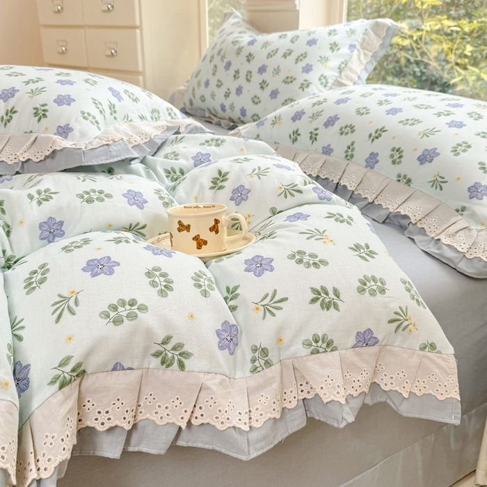 91家纺网 家纺一手货源 找家纺 晨晨家纺2025新款全棉双层花边双层纱四件套 浅浅花漾