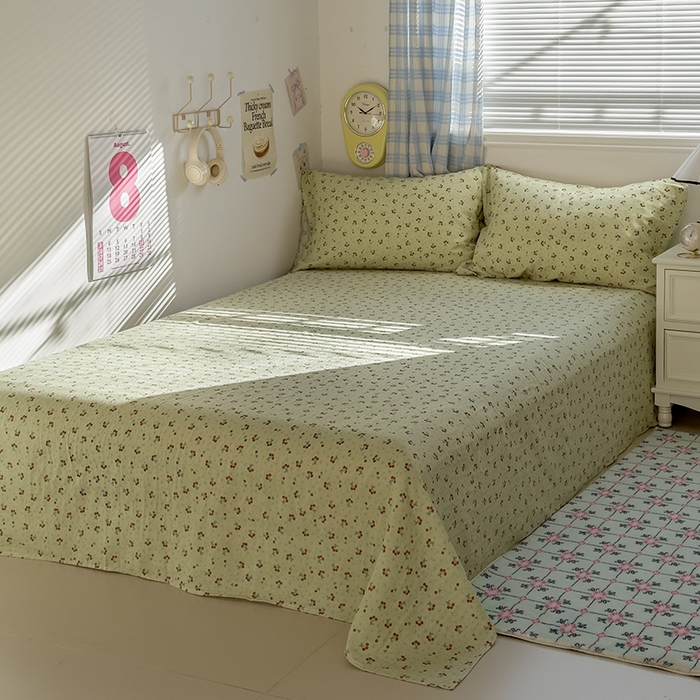 91家纺网 家纺一手货源 找家纺 塔塔家居  2025新款全棉纯棉双层纱床单床笠单品 小樱桃