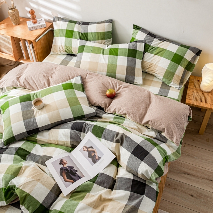 91家纺网 家纺一手货源 找家纺 2025新款A类色织水洗棉单被套 海青鲜绿格