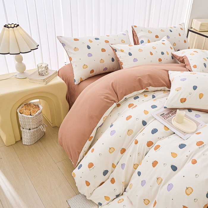 91家纺网 家纺一手货源 找家纺 蕾诺家纺 2025新款直播新款A类有氧提花云纱棉圆角吊边工艺四件套学生三件套 小南瓜