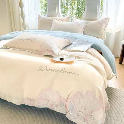 花愿（原花纪） 2025新款加密水洗棉绣花四件套-花语 奶昔白+天空蓝