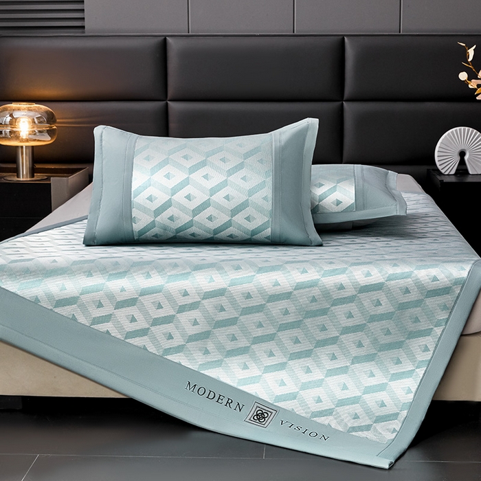 91家纺网 家纺一手货源 找家纺 全季家居 2025新款5A抗菌3D立体冰柔凉感冰丝席 格调-水绿 床席款