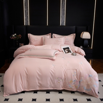 91家纺网 家纺一手货源 找家纺 （总）佳宇轩 2025爆款水洗棉五彩刺绣四件套简约轻奢织带绣花床单床笠被罩4件套-牡丹