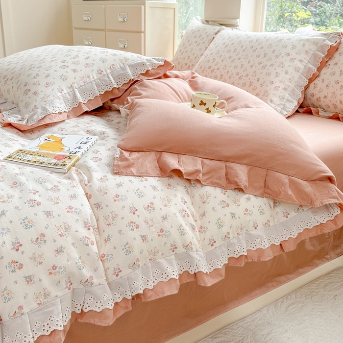 91家纺网 家纺一手货源 找家纺 晨晨家纺2025新款全棉双层花边双层纱四件套 七里香