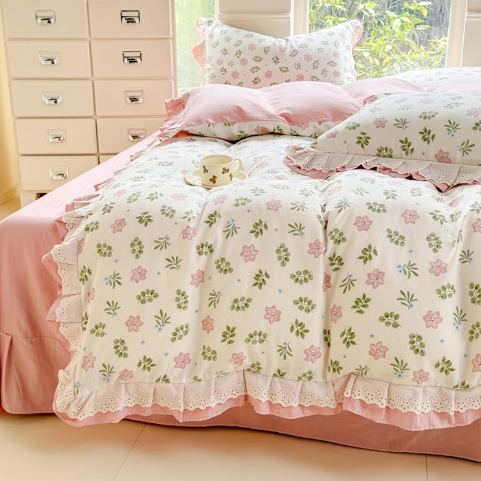 91家纺网 家纺一手货源 找家纺 晨晨家纺2025新款全棉双层花边双层纱四件套 絮语