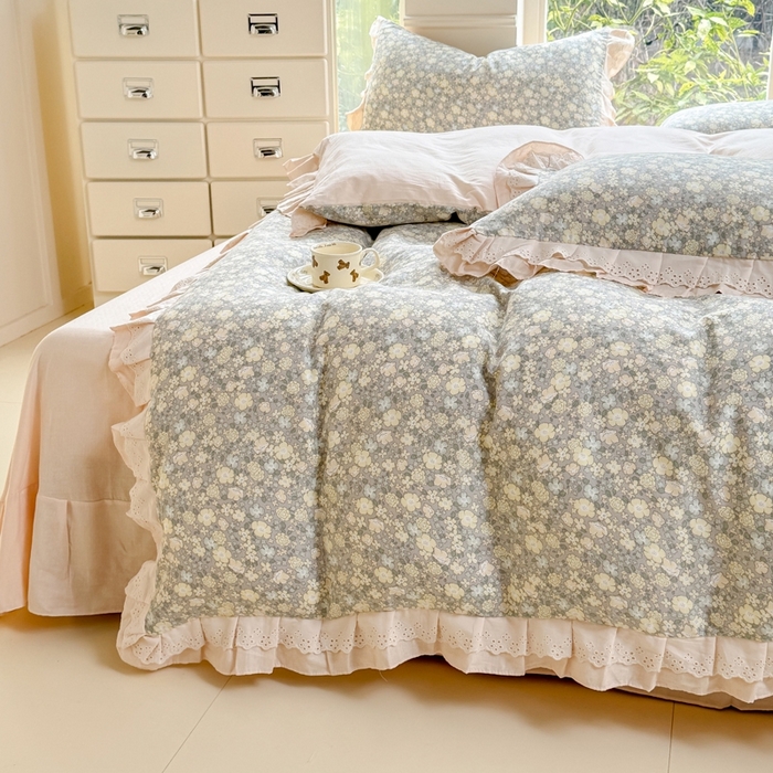 91家纺网 家纺一手货源 找家纺 晨晨家纺2025新款全棉双层花边双层纱四件套 韩式清新-灰