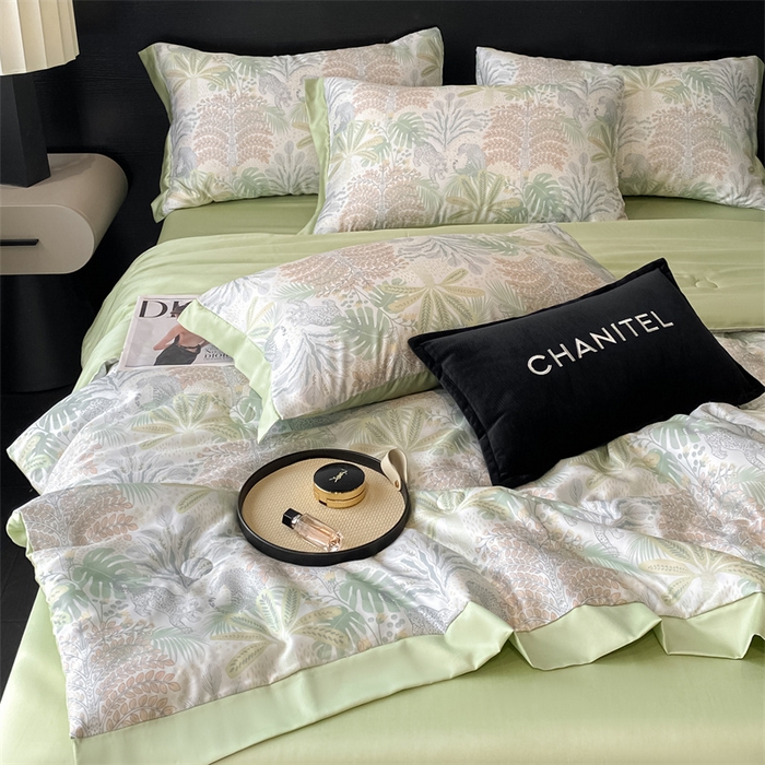 91家纺网 家纺一手货源 找家纺 本制 2025新款水洗真丝印花夏被夏凉被空调被 蔓叶森语+抺茶绿