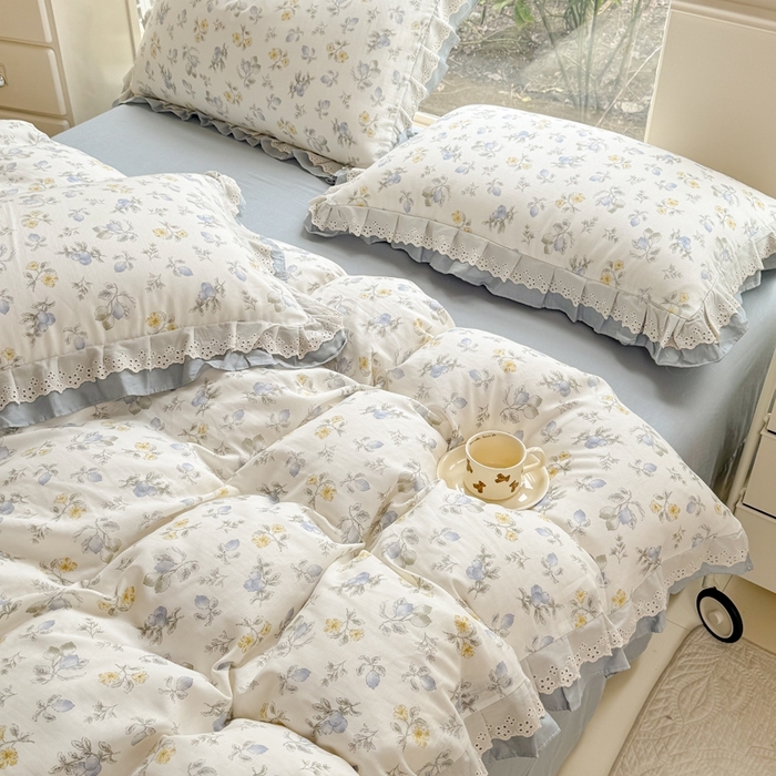 91家纺网 家纺一手货源 找家纺 晨晨家纺2025新款全棉双层花边双层纱四件套 伊甸园之梦-蓝