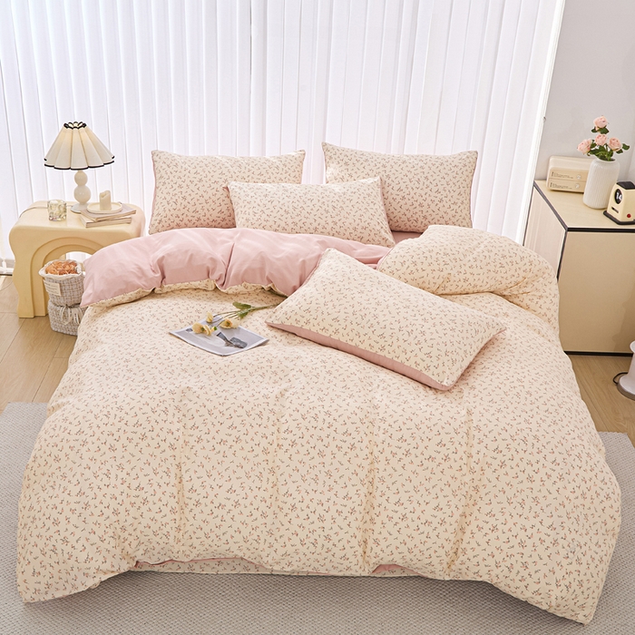 91家纺网 家纺一手货源 找家纺 蕾诺家纺 2025新款直播新款A类有氧提花云纱棉圆角吊边工艺四件套学生三件套 简爱粉