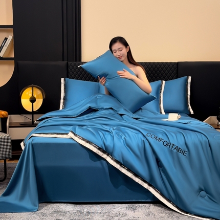 2025新款清凉舒适水洗冰丝刺绣夏被四件套 迷境-青蓝