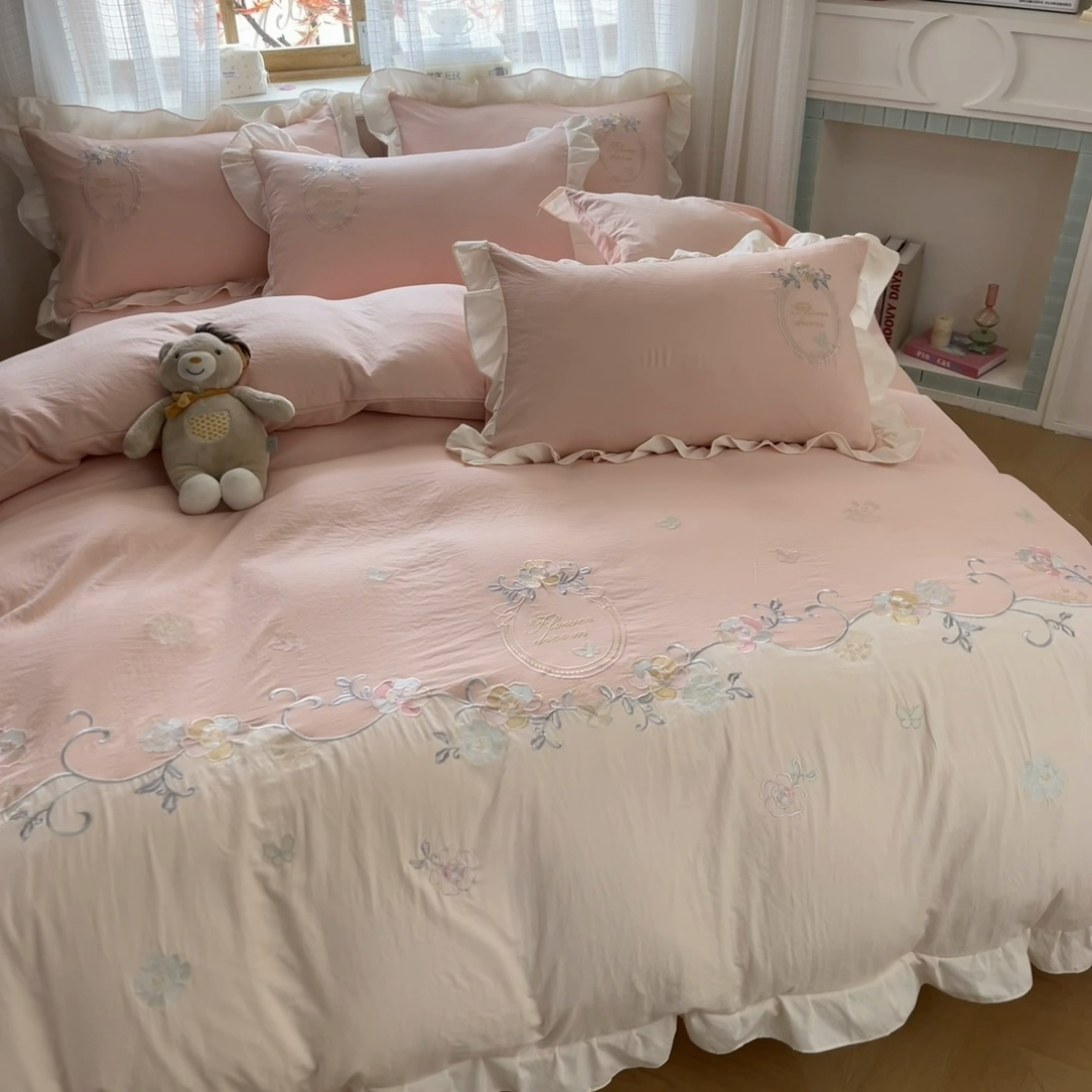 91家纺网 家纺一手货源 找家纺 （总）ab家纺2025新款全棉水洗棉绣花四件套-夏莉儿