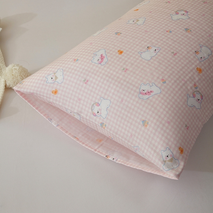 91家纺网 家纺一手货源 找家纺 2025款A类母婴级全棉双层纱枕套_4032 格子狗粉