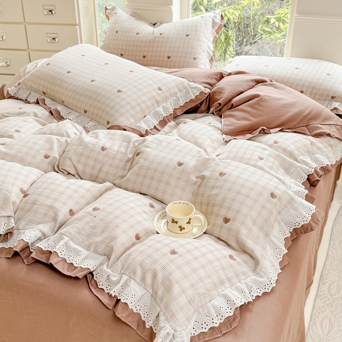 91家纺网 家纺一手货源 找家纺 晨晨家纺2025新款全棉双层花边双层纱四件套 心动-咖