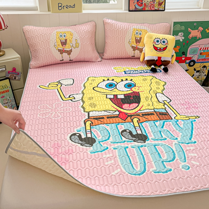 91家纺网 家纺一手货源 找家纺 金爱家 2025新款海绵宝宝乳胶凉席床席款凉席席子 床席款-爱喝海绵宝宝粉