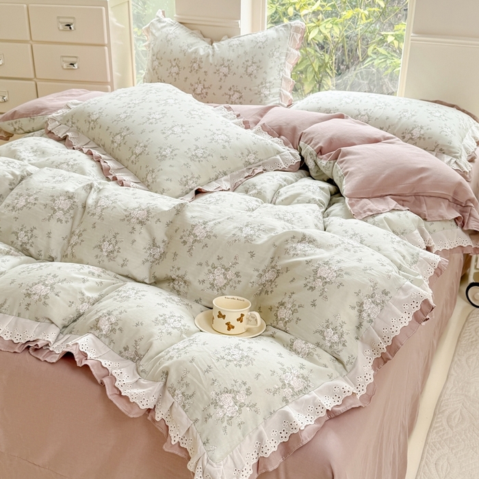 91家纺网 家纺一手货源 找家纺 晨晨家纺2025新款全棉双层花边双层纱四件套 浮生半日-绿