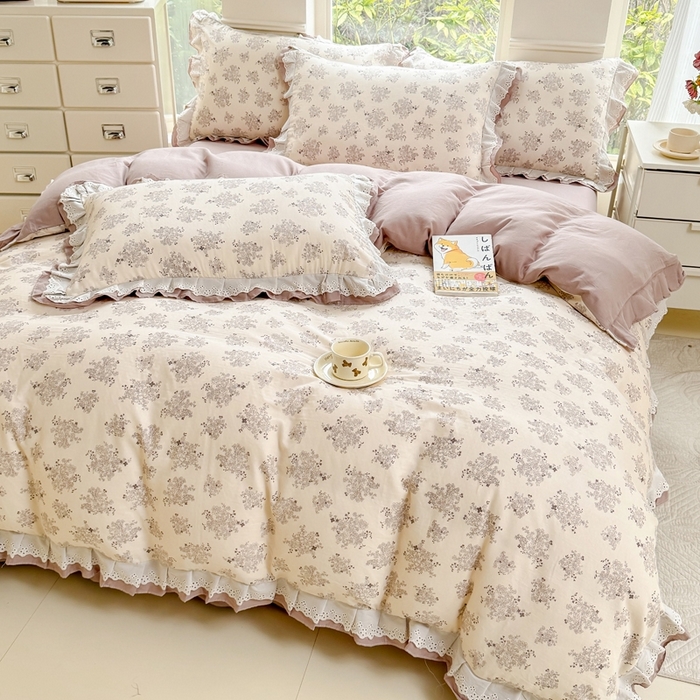 91家纺网 家纺一手货源 找家纺 晨晨家纺2025新款全棉双层花边双层纱四件套 雪莉-咖