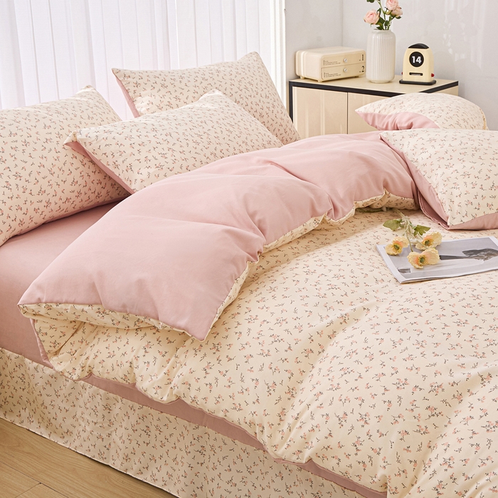 91家纺网 家纺一手货源 找家纺 蕾诺家纺 2025新款直播新款A类有氧提花云纱棉圆角吊边工艺四件套学生三件套 简爱粉