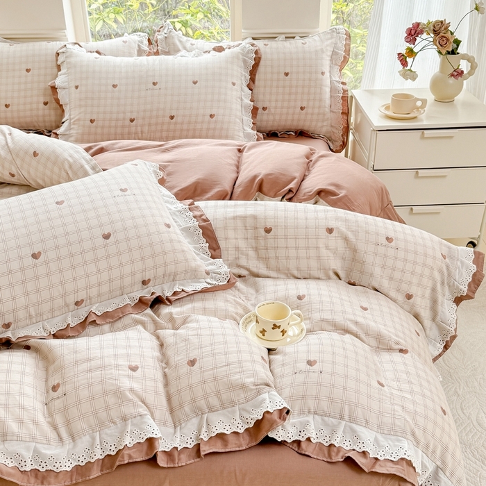 91家纺网 家纺一手货源 找家纺 晨晨家纺2025新款全棉双层花边双层纱四件套 心动-咖