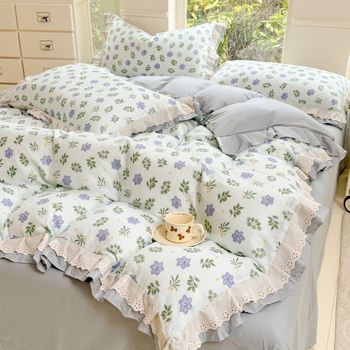 91家纺网 家纺一手货源 找家纺 晨晨家纺2025新款全棉双层花边双层纱四件套 浅浅花漾