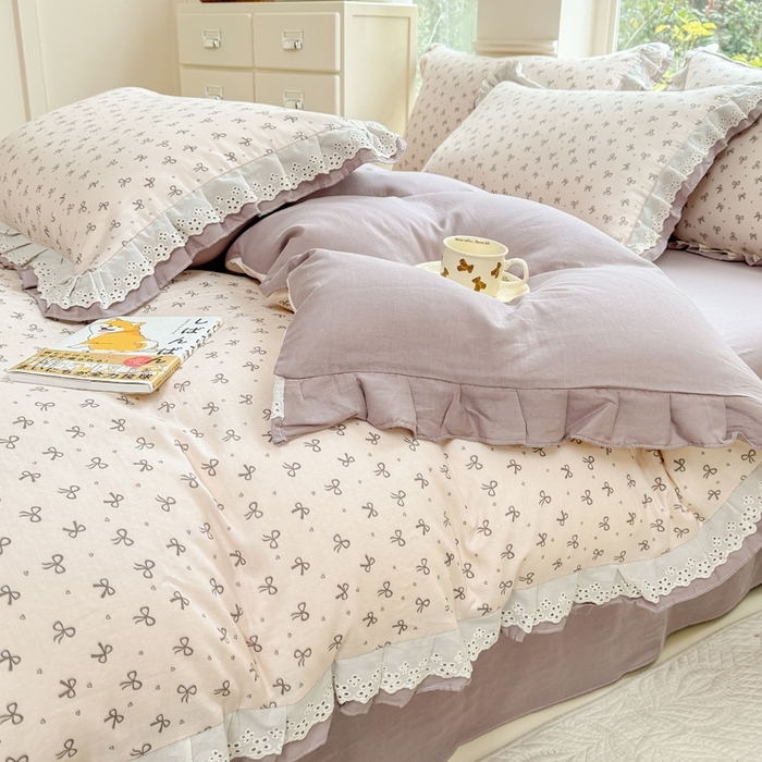 91家纺网 家纺一手货源 找家纺 晨晨家纺2025新款全棉双层花边双层纱四件套 法式少女-咖