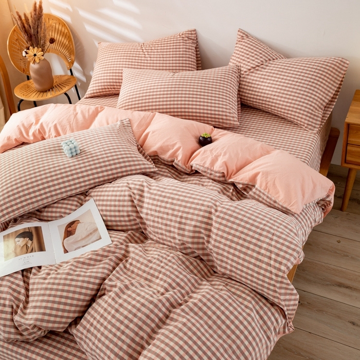 91家纺网 家纺一手货源 找家纺 2025新款A类色织水洗棉单被套 粉小格