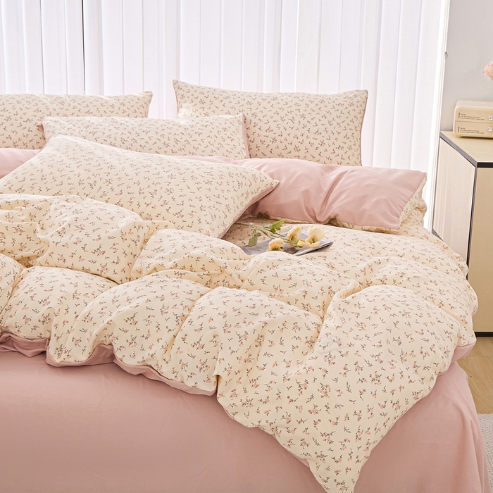 91家纺网 家纺一手货源 找家纺 蕾诺家纺 2025新款直播新款A类有氧提花云纱棉圆角吊边工艺四件套学生三件套 简爱粉