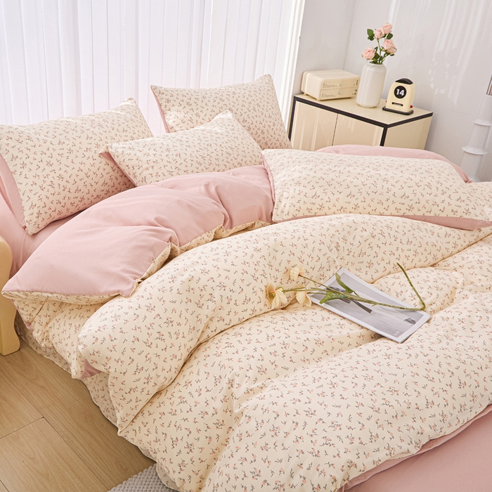 91家纺网 家纺一手货源 找家纺 蕾诺家纺 2025新款直播新款A类有氧提花云纱棉圆角吊边工艺四件套学生三件套 简爱粉