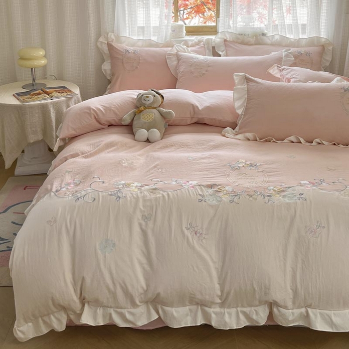 91家纺网 家纺一手货源 找家纺 ab家纺2025新款全棉水洗棉绣花四件套-夏莉儿 夏莉儿-微微粉