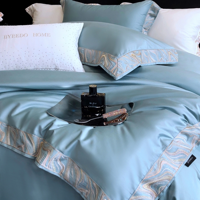 91家纺网 家纺一手货源 找家纺 馨蕊家居 2025新款100s高奢典藏简约全棉系列四件套-棉水漾 水漾-北卡蓝
