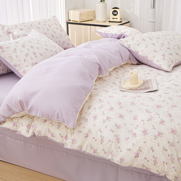 91家纺网 家纺一手货源 找家纺 蕾诺家纺 2025新款直播新款A类有氧提花云纱棉圆角吊边工艺四件套学生三件套 紫晏