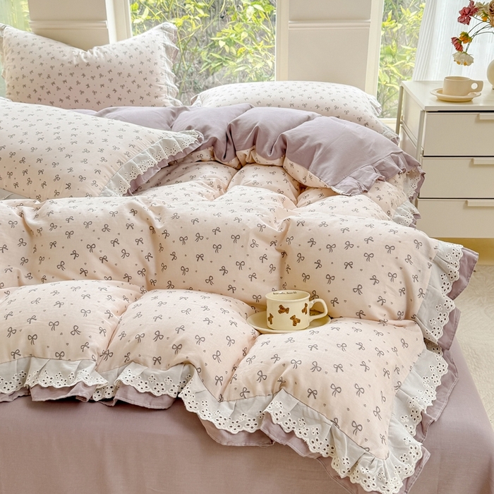 91家纺网 家纺一手货源 找家纺 晨晨家纺2025新款全棉双层花边双层纱四件套 法式少女-咖