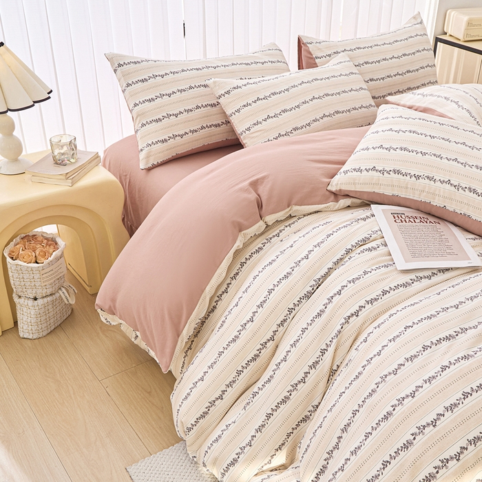 91家纺网 家纺一手货源 找家纺 蕾诺家纺 2025新款直播新款A类有氧提花云纱棉圆角吊边工艺四件套学生三件套 摩卡