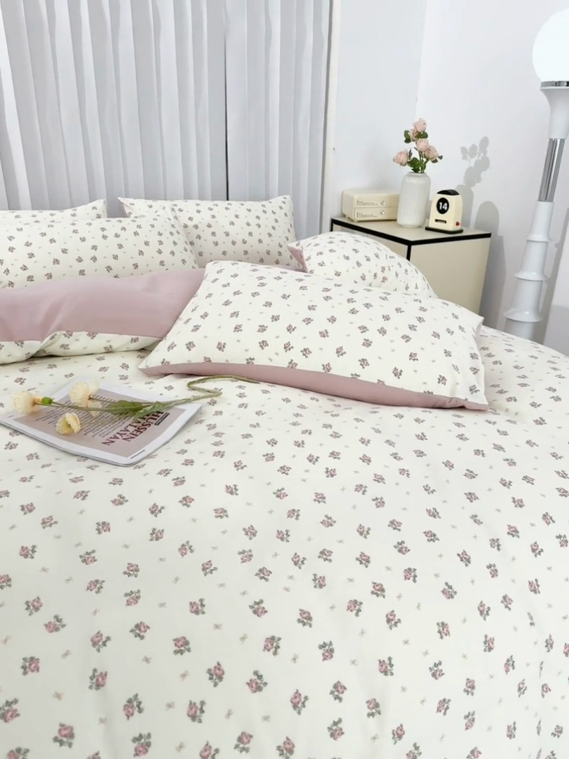 91家纺网 家纺一手货源 找家纺 蕾诺家纺 2025新款直播新款A类有氧提花云纱棉圆角吊边工艺四件套学生三件套 简爱粉